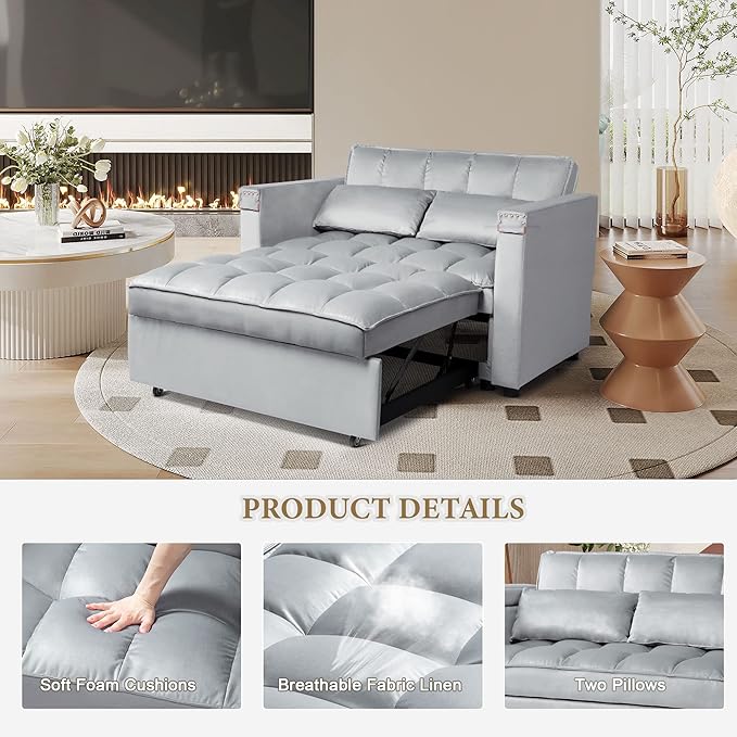 ORRD Convertible Sofa Bed,3-in-1 Multi-Functional Velvet Sleeper Couch Pull-Out 48'' Loveseat Bed Chaise Lounge with Adjustable Backrest and Pillows,Hidden Side Table for Living Room,Small Space Grey