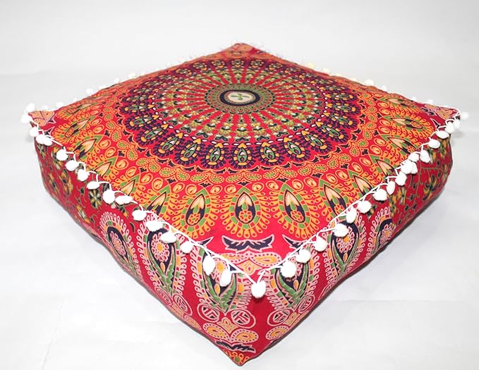 CRAFT KALA Red Peacock Large Hippie Mandala Meditation Floor Ottoman Pillow Cushion Pouf Cover Square Poufs Bohemian Circle Floor Cushion Case Outdoor Fireplace Yoga Living Room Decor Cover 18" Square