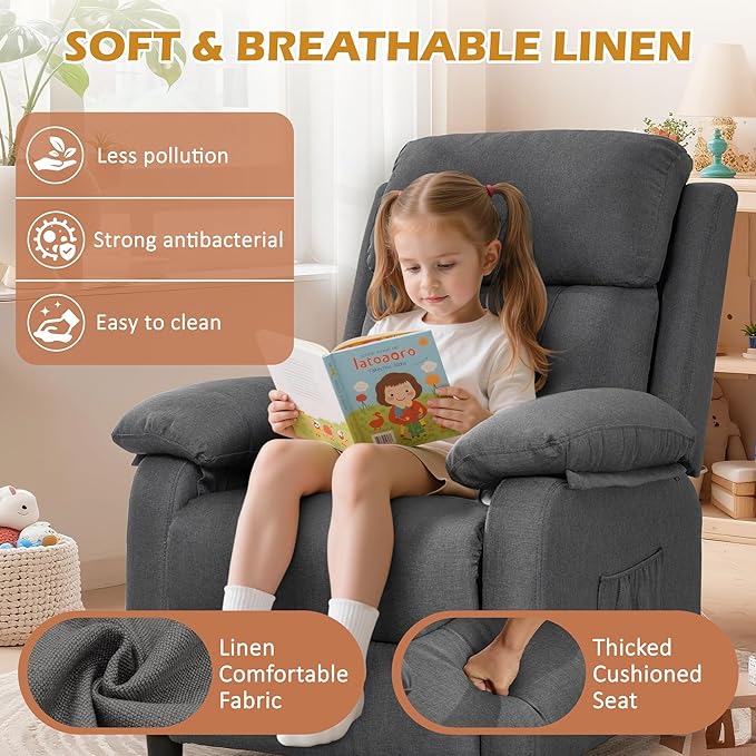 Recliner Chair, Living Room Chairs for Adults, Padded Deep Seat Reading Chair with Side Pockets, Small Recliners for Small Spaces, Lounge Chair for Living Room, Bedroom, and RV (Linen)