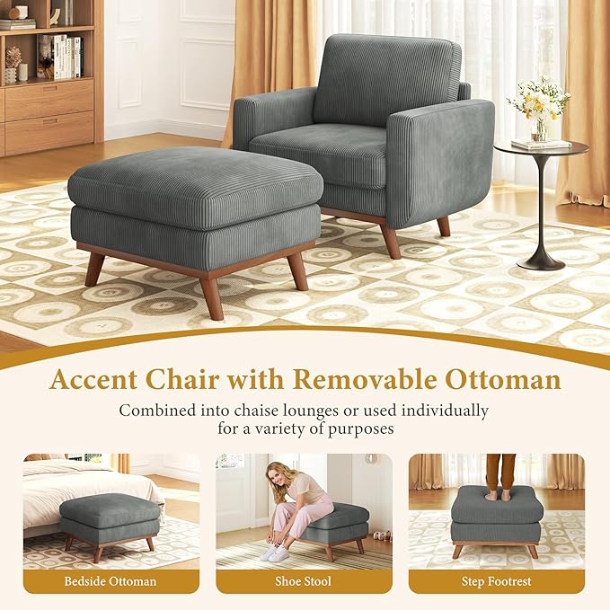 Vesgantti 38.5" Accent Chair with Movable Ottoman, Comfy Corduroy Armchair with Spring Cushion, Reading Chair with Ottoman, Modern Single Sofa for Living Room, Bedroom and Apartment, Dark Gray