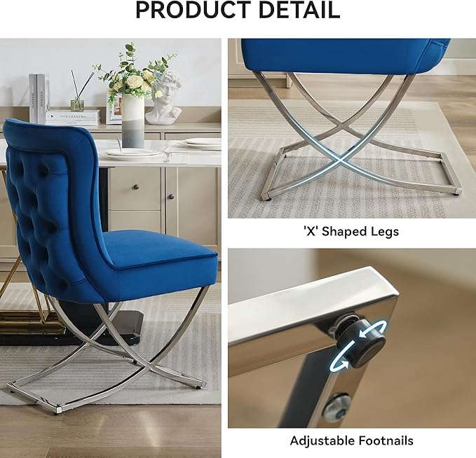 WUTUTUEE Luxury Velvet Dining Chairs, Tufted Upholstered Armless Accent Chairs with Silver Metal X-Legs, Modern Glam Dining Room Chair Set of 2, Navy
