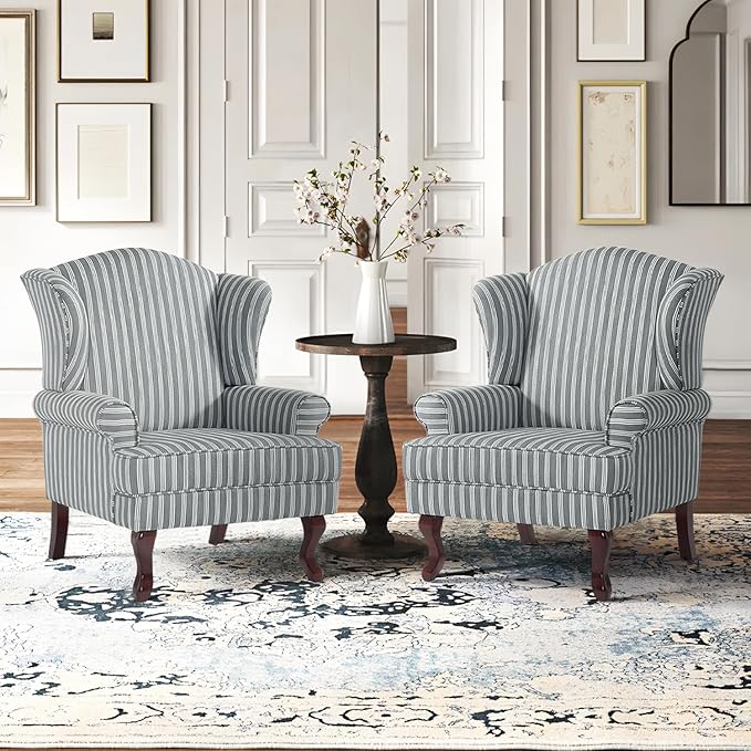 DREAMSIDEA Accent Chair, High Back Upholstered Armchair with High Resilience Sponge & Wood Legs, Mid-Century Modern Comfy Single Sofa Reading Chairs for Living Room, Bedroom (Stripe Grey, Set of 2)
