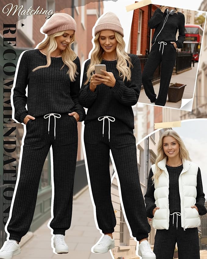 Sweetyweee Women's Ribbed Knit Lounge Sets 2 Piece Outfits Long Sleeve Pajamas Set Loungewear Sweatsuits Fall Pjs with Pocket