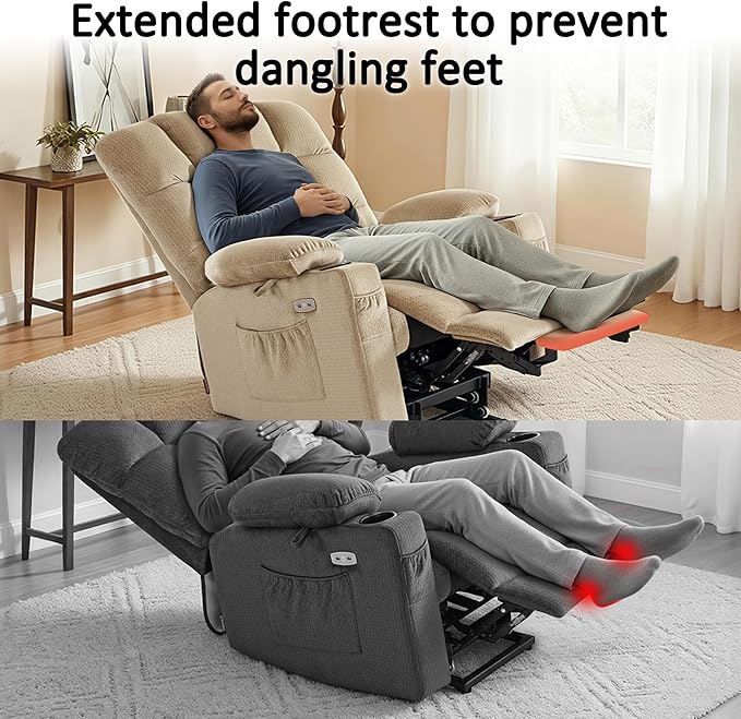 MCombo Large Dual Motor Power Lift Recliner Chair for Elderly, Massage and Heat, Lay Flat, Zero Gravity, Home Button, USB Port, Fabric 7680 (Large, Beige)