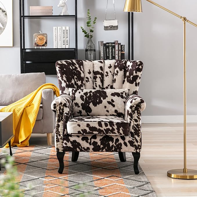 LZAREAL Accent Reading Arm Chairs Set of 2 for Living Room Bedroom, Midcentury Modern Comfy Corner Sofa Chair, Wingback Waiting Room Club Chair with Button Tufted Back &Lumbar Pillow, Fabric Cow