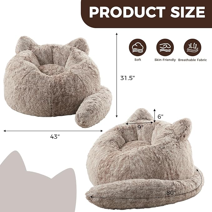 Bean Bag Chair for Adults Teen,Giant Bean Bag Chairs Cat Design,Plush Faux Fur Beanbag Couch Comfy Accent Floor Sofa for Reading, Playing, Relaxing in Living Room, Bedroom
