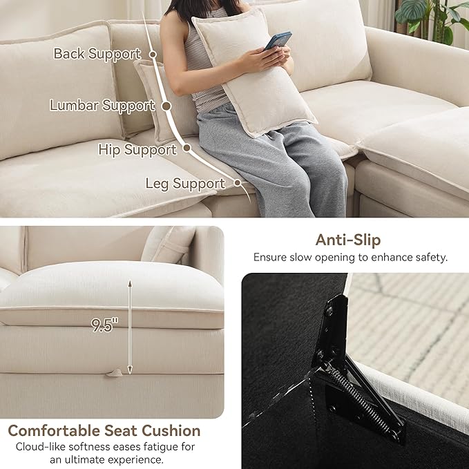 80" Cloud Modular 3 Seater Sofa with Storage, Modern Upholstered Storage Sofa Couch Deep Seat, Sectional Sofa Chenille Comfy Couch with Armrests for Living Room, Small Space, Beige