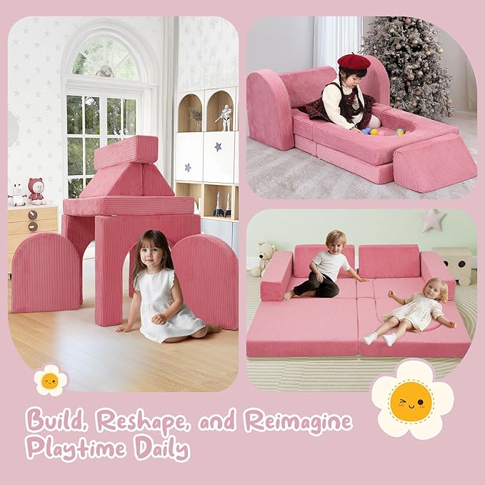MeMoreCool 10-Piece Kids Modular Play Couch — Corduroy Convertible Foam Sofa Set for Building Forts, Lounging & Creative Play, Washable Covers, Child Room & Playroom Furniture, Pink
