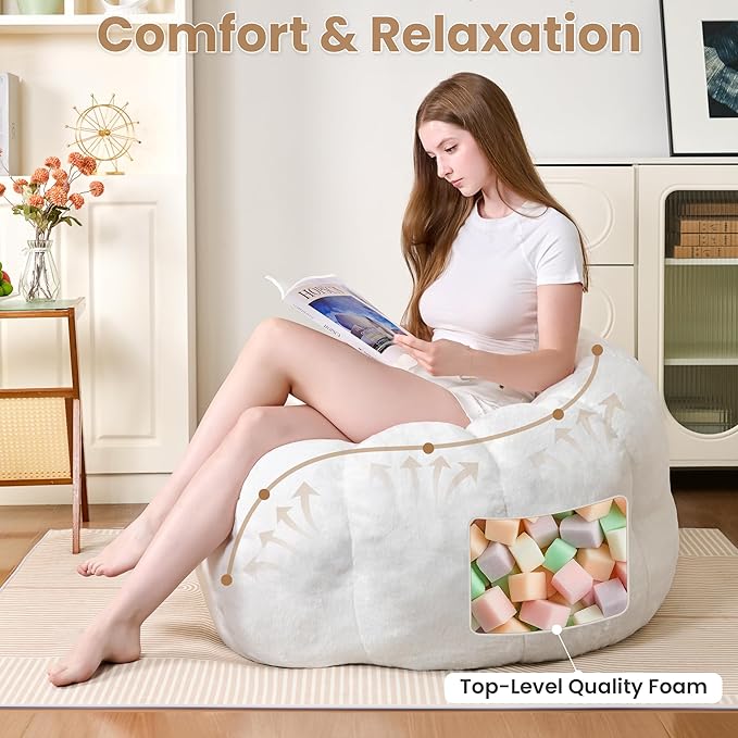 Bean Bag Chairs for Adults, Teens Beanbag Reading Chair with Petal Arm Rest, Comfy Faux Fur Fluffy Bean Bag for Youth Living Room, Bedroom, Dorm, Game - White, Large, Low Support