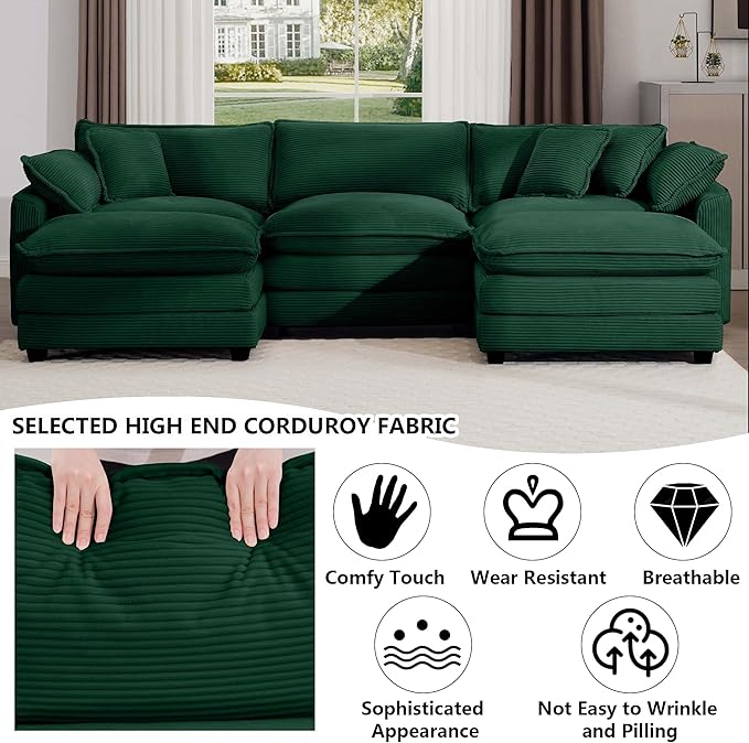 Aoowow Corduroy 3 Seater Couch with Ottomans,Modern Large Cloud Couches for Living Room,U Shaped Modular Sectional Cloud Sofas Deep Seat,Oversized Tufted U Shape Sofa Set (Green, 3 Seater + 2 Ottoman)
