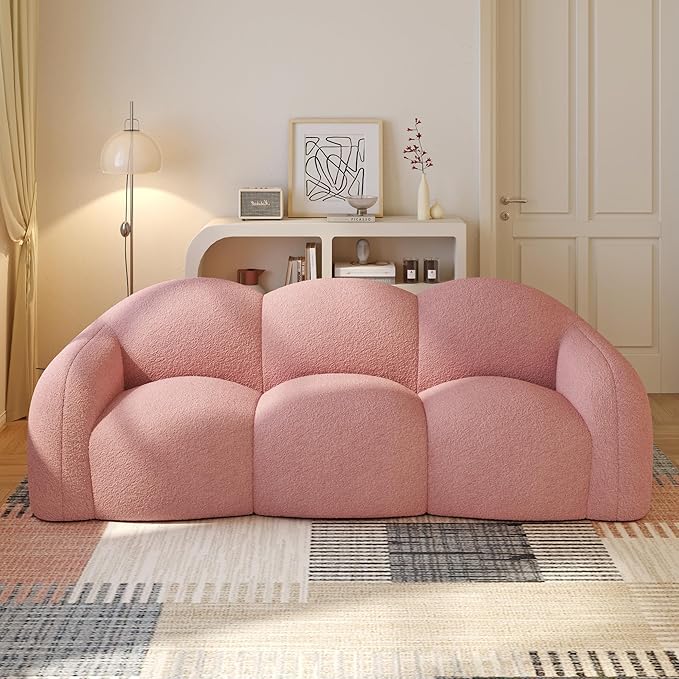 WJShome 90" Boneless Cloud Couch, Modern Curved Upholstered Boucle Sofa, Deep Seat Cozy 3 Seater Sofa, Plush Teddy Velvet Couches for Living Room, Bedroom, Apartment (Pink)