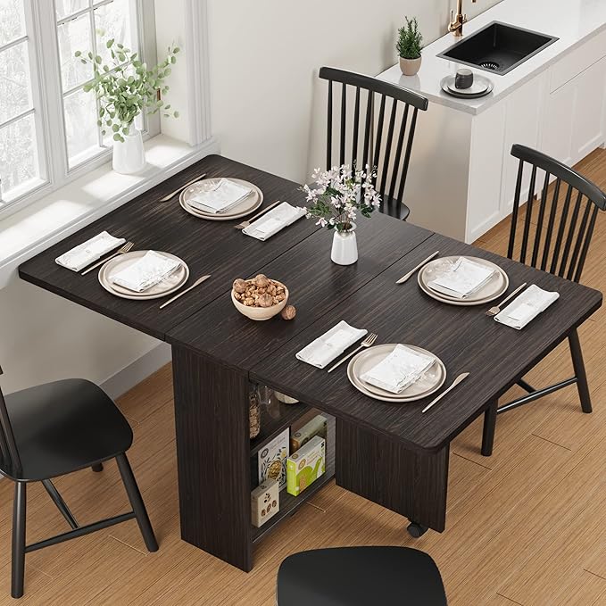 IDEALHOUSE Folding Dining Table, Drop Leaf Dining Table with 6 Wheels and 2-Layer Storage Shelf, Space Saving Kitchen Table for Small Spaces (Dark Walnut, 50.1" D x 31.4" W x 29.5" H)