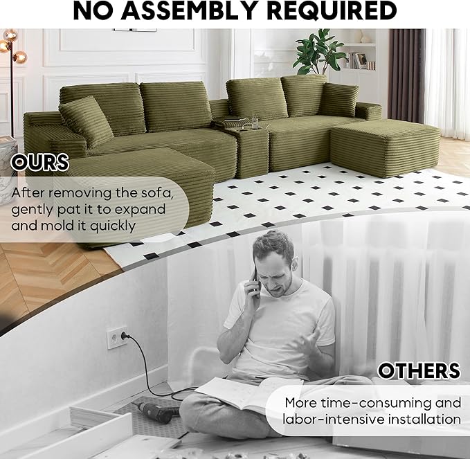 125” Oversized Modular Sectional Sofa, Deep Seat Corduroy Cloud Couch with Cup Holders, USB Ports & Storage Box, Sleeper Sofa Couch Boneless Couches for Living Room, No Assembly Required (Green)