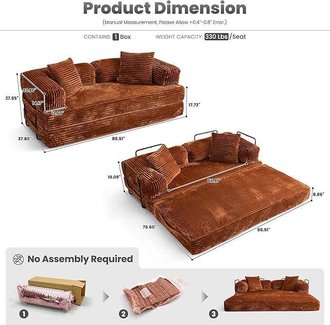 ovios 81" Folding Sofa Bed, Foldable Sleeper Boneless Couch with Pull Out Beds, Modular Convertible Floor Futon Loveseat Lounger for Living Room (Faux Fur, Brown)