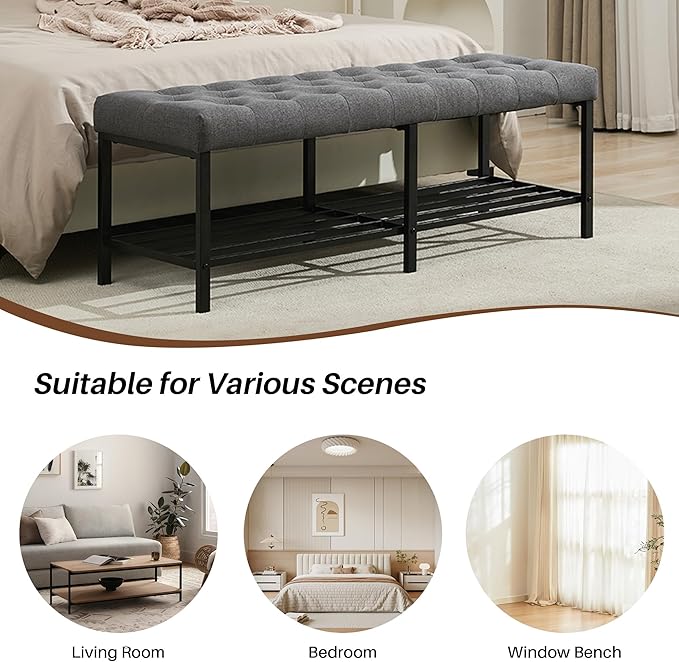 SOFTHION 55.5" End of Bed Bench, Modern Linen Button Tufted Bedroom Bench, Upholstered Storage Shoe Bench with Metal Base, Dinning Table Bench for Living Room, Bedroom, Entryway,Grey