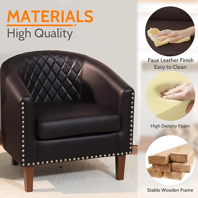 PrimeZone Barrel Chair Set of 2, Comfy Accent Chair, Faux Leather Living Room Chairs Club Chair with Cushion, Nailhead Trim and Diamond Grid Backrest, Reading Chair for Bedroom Waiting Room, Brown