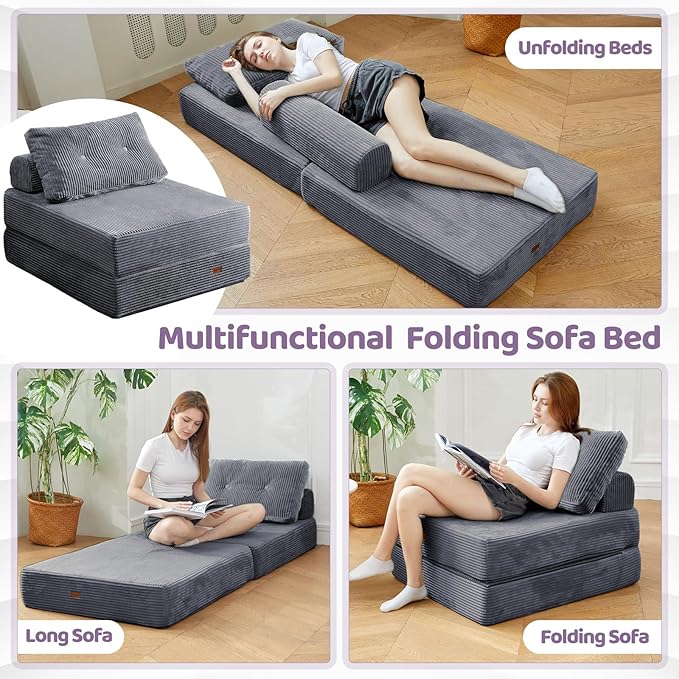 Folding Chair Bed, Convertible Sofa Bed with Backrest and Pillows,Fold Out Chair Bed with High-Density Foam, Perfect for Living Room 、Bedroom、Balcony 、Hotel 、Apartment ， Single, Dark Gray