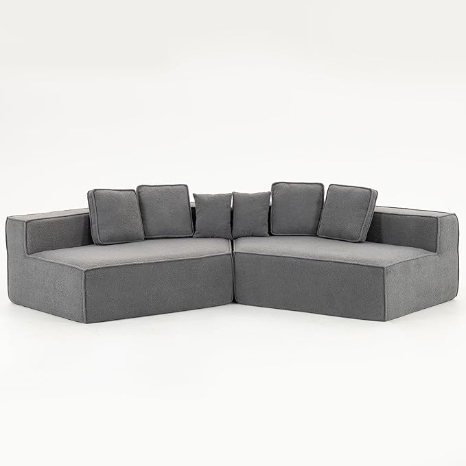 EPOFIT 132'' Oversized Teddy Fleece Modular 2-Seater Sofa, Compressed All-Foam Floor Couch with 6 Cushions, Low-Profile Cozy Sectional Sofa for Living Room & Apartment – Blue Gray