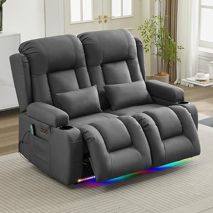URRED Loveseat Recliner Sofa with Massage and Heat, Power Reclining Loveseat Sofa RV Couch Home Theater Seating with LED Lights, Cup Holders, Side Pockets, USB, Pillows, Leathaire Gray