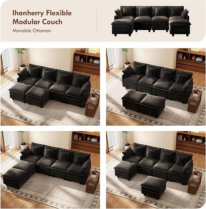 Ihanherry 106" U-Shaped Modern Sofa Modular Sectional Cloud Couch 6-Seat Chenille Seat Sofa with Ottoman for Living Room, Bedroom and Apartment, Black