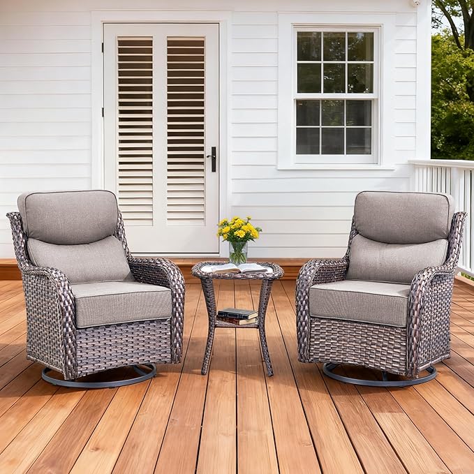 Pugire Luxury Outdoor Swivel Rocker Patio Chairs Set of 3, High Back Swivel Patio Chairs with Side Table & 6-Inch Thick Cushions, Wicker Outdoor Bistro Set for Porch, Yard, Deck, Poolside, Brown/Grey