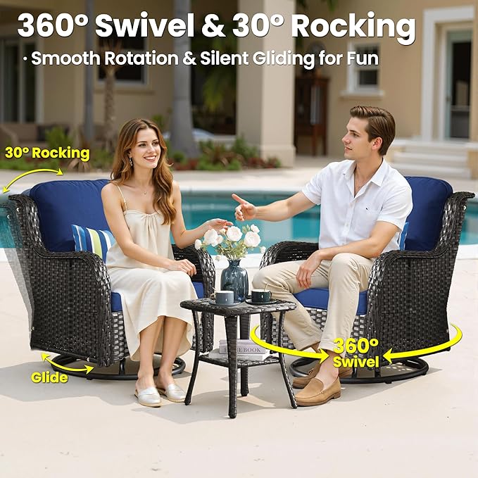 ovios 5 Pieces Patio Furniture Set, Outdoor Wicker Sofa Couch with Swivel Chairs 42" Fire Pit Table, High Back Modern All Weather Conversation Sets, Brown Rattan, Navy Blue