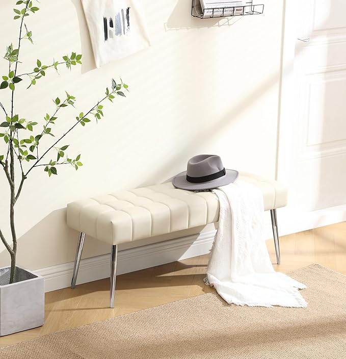 Apicizon 44.5”Entryway Bench, Soft Faux Leather Indoor Bench with Metal Legs, Modern Cushion Ottoman Bench for Bedroom, Living Room, Entrance, Dining Room, Beige