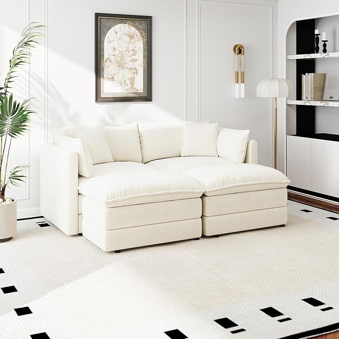 Aoowow Modular Sectional Sofa Modern Convertible Loveseat Couch,77.16 Inch Deep 2-Seater Sofas Comfy Chenille Cloud Sofas and Couches Set with 2 Movable Ottoman for Living Room Apartment（Beige）
