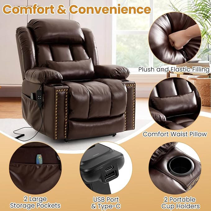 Oversized Power Lift Recliner Chair for Elderly Big and Tall, Dual Motor Heavy-Duty Lift Chair with Heat & Massage, Lay Flat Wide Recliner, USB-C, Cup Holders, Lumbar Pillow, PU Leather, Brown