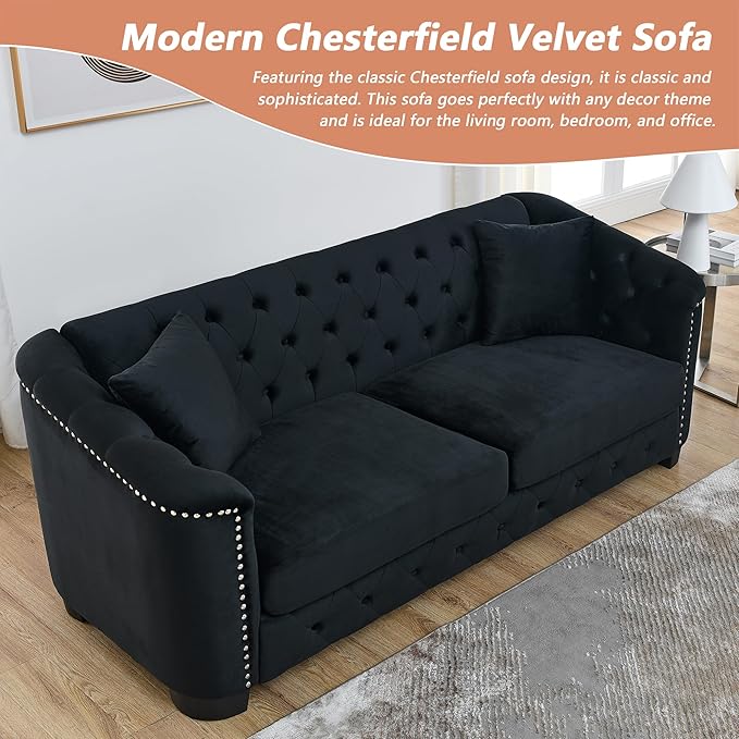 mikibama Modern Chesterfield Velvet Sofa, 77 Inch Sectional Sofa, Luxury 3 Seater Upholstered Tufted Couch with Nailhead Arms and 2 Pillows for Living Room, Bedroom, Apartment(Black)