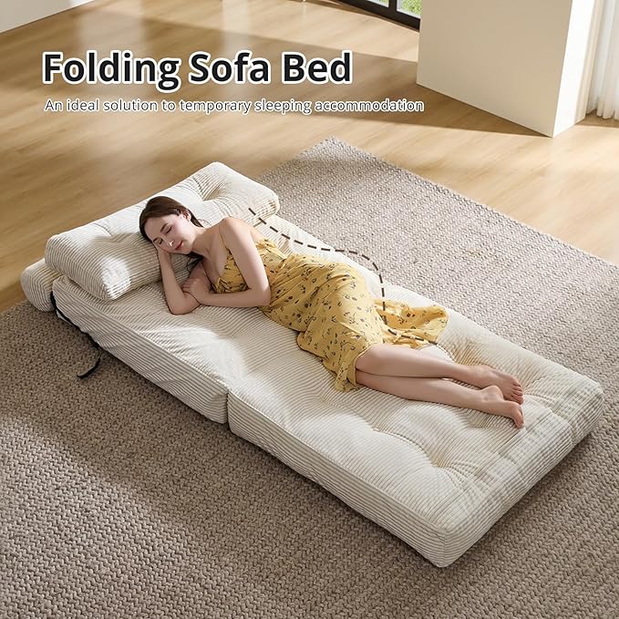 Convertible Sofa & Couch Bed - Oversized Adult Sleeper Chair & Bean Bag Chair, Foldable Floor Bed with Backrest, Comfortable Lazy Sofa for Bedroom, Living Room & Dorm (White, Single)