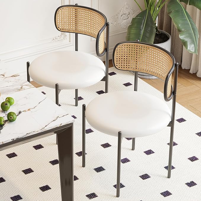 Farini Dining Chairs Set of 2, PU Leather Upholstered Seat with Woven Rattan Back, Sturdy Metal Legs Modern Side Chairs for Kitchen Living Room Restaurant, Beige