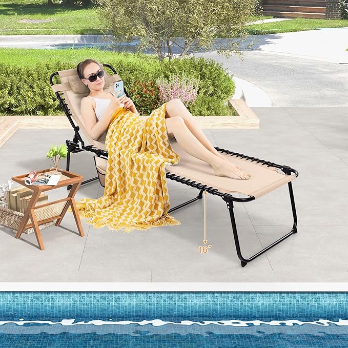 Goplus Chaise Lounge Chair Outdoor, Folding 5-Postion Beach Lounge Chair with Detachable Pillow, Side Pocket, Sunbathing Lounger, Adjustable Tanning Chair for Patio Lawn Pool Yard