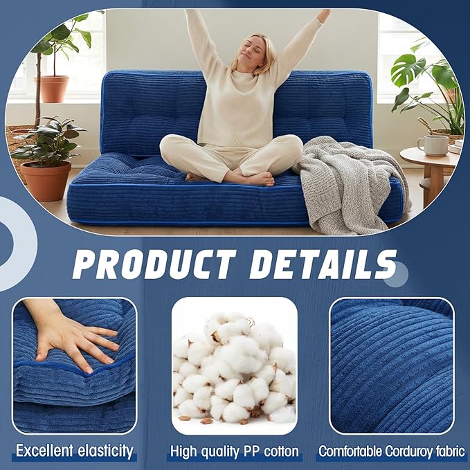 Vercraft 63 Inch Folding Bench Cushion, 4 Inch Thick 2-in-1 Convertible Long Floor Lounger Boneless Cushions Couch Mattress Upholstered for Yoga, Reading, Sleeping, Meditation Living Room(Navy)
