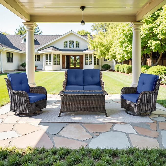Belord 4 Piece Patio Furniture Set - Outdoor Glider Bench with Swivel Rocker Chairs and Coffee Table, High Back Small Outdoor Conversation Furniture Sets for Deck Sunroom Balcony Backyard