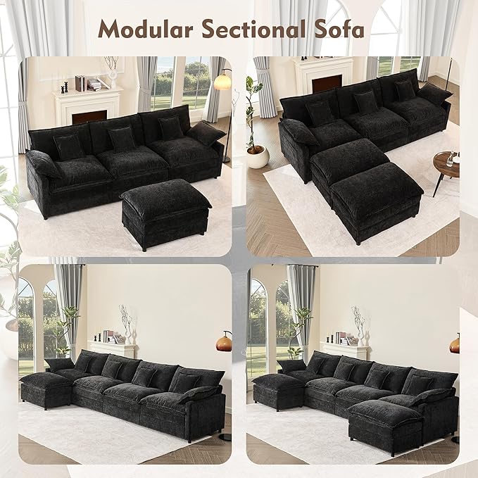 GOSUHI 108" U Shaped Couch, Modular Sectional Sofa, 3-Seater Comfy Cloud Couch with Movable Ottoman, Deep Seat Couches for Living Room, Chenille, Black
