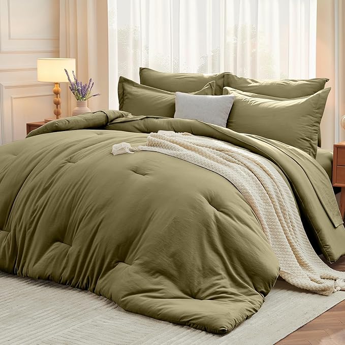 MUXHOMO 5 Pieces Twin Comforter Set, Soft Bed in a Bag Twin Size, All Season Bedding Set with Comforter, Flat Sheet, Fitted Sheet, Pillowcases & Shams, Olive Green