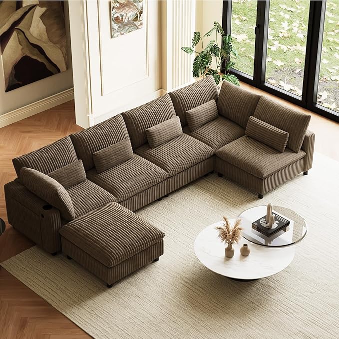 130" W x 67" D U Shape Sectional Sofa with USB Charging & Cup Holder & Storage, 6 Seater Plush Corduroy Couches with Movable Ottoman, Cloud Couch Sofas for Living Room, DIY Combination - Camel