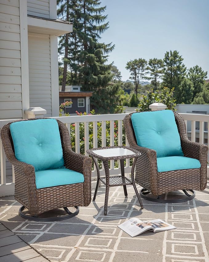 ACTREST Patio Chairs Outdoor Swivel Glider - Set of 2 High Back Outside Brown Wicker Rattan Rocking Chair with Thick Cushion for Porch Apartment Deck Yard Poolside Garden - Turquoise
