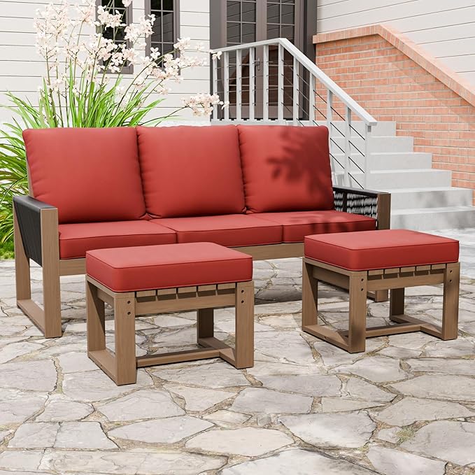 INTER HUT Rustic Hideaway Natural Cedar Wood Outdoor Furniture Set, Wicker Patio Conversation Set for Porch Garden Backyard, Couch and 2 Ottomans, 3 Piece, Brownish/Red