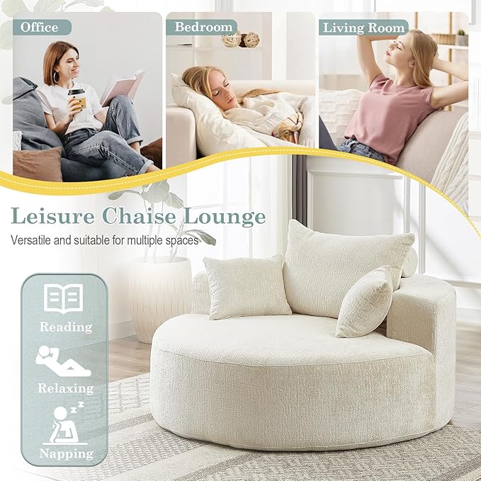 Oversized Round Chaise Longue Chair Indoor, Modern 55-inch Upholstered Chenille Deep Seat Circle Single Cloud Lounge Floor Sofa Chair for Living Room, Bedroom Apartment, Beige