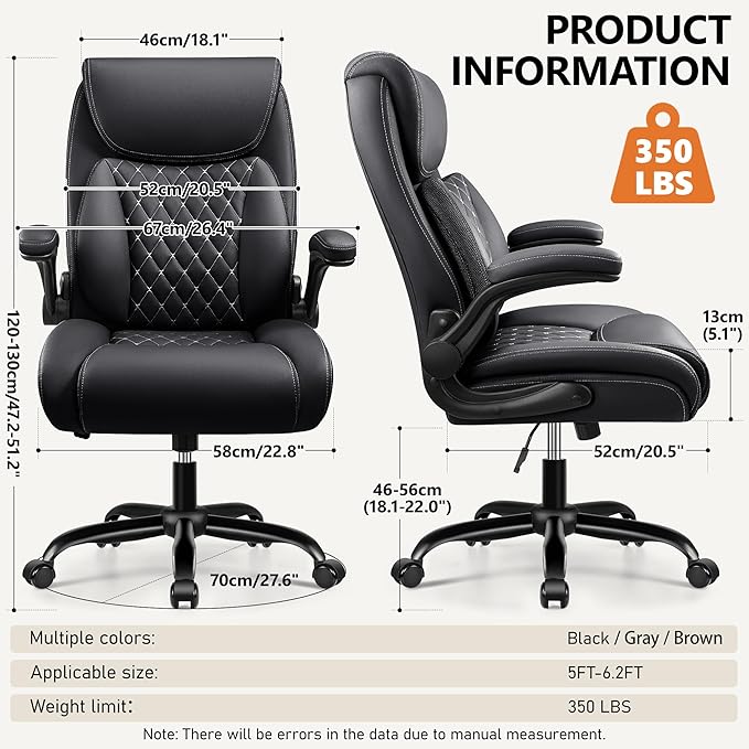 BESTFAIR Office Chair,Ergonomic Office Chair with Lumbar Support for Lower Back Pain Relief, Executive Leather Chair with Padded Flip-up Arms, Wheels and Adjustable Armrests, Black Pack of 4
