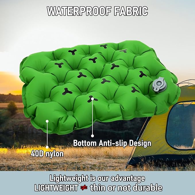 BreezCamp Inflatable Seat Cushion, Lightweight Stadium Seat Pad, Camping Accessories Chair Pad for Airplane Travel, Hiking, Climbing, Home and Office,Green