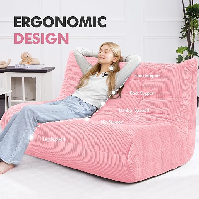 Bean Bag Chair,Giant Beanbag Chairs for Adults,Comfy Large Fireside Chair Lazy Sofa,Corduroy Bean Bag Lounger with Memory Foam Filled,Floor Sofa Couch for Home,Living Room (Pink, Loveseat)