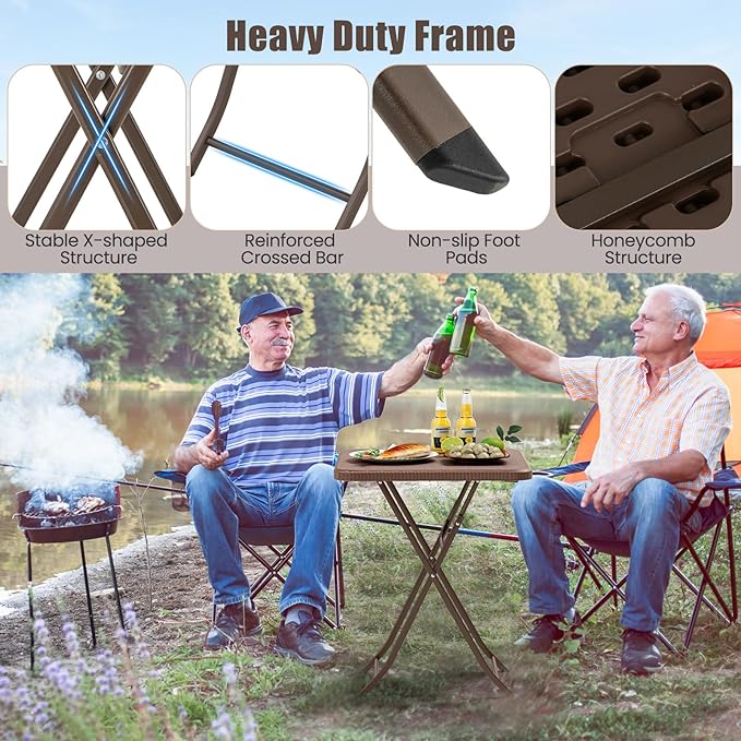 Tangkula 23.5" Square Folding Table, Indoor Outdoor Foldable Plastic Table with Rattan Textured HDPE Tabletop, Sturdy Metal Fame, Carrying Handle, 4 Person Picnic Table for Camping BBQ Party
