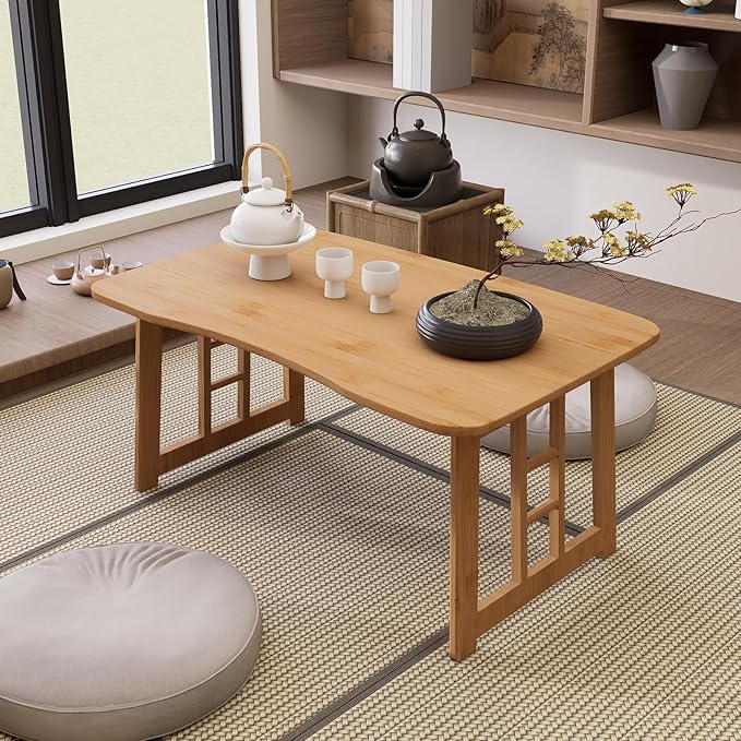 Japanese Folding Coffee Table,Bamboo Foldable Low Table for Sitting On Floor,Collapsible Floor Tea Tables,Portable Meditation Table for Tatami Living Room Bay Window Office Apartment (Wood color)
