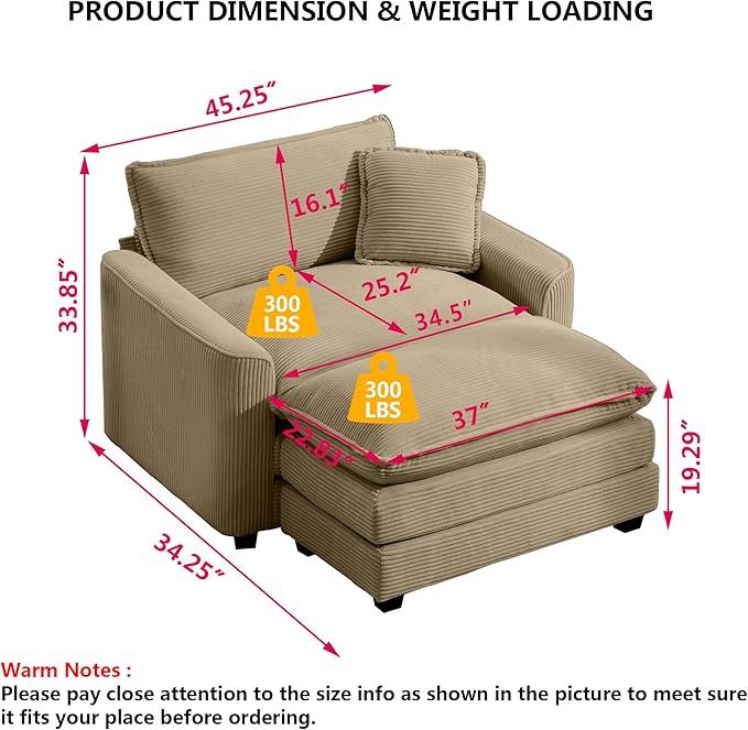 Aoowow Corduroy Large Armchair with Ottoman,Oversized Single Sofa Chair with Ottoman,Single Seat Cloud Sofas Couches for Living Room,Tufted Indoor Chaise Lounge Chair (Tan, Sofa Chair + Ottoman)