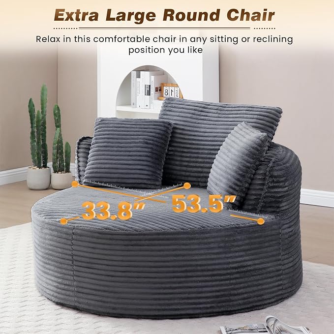 53"W Oversized Round Chaise Longue Chair Indoor,Corduroy Fluffy Comfy Cloud Chair,Circle Bean Bag Sofa with Foam Filling & Pillows,Boneless Reading Cozy Sofa Chairs for Living Room,Bedroom,Grey