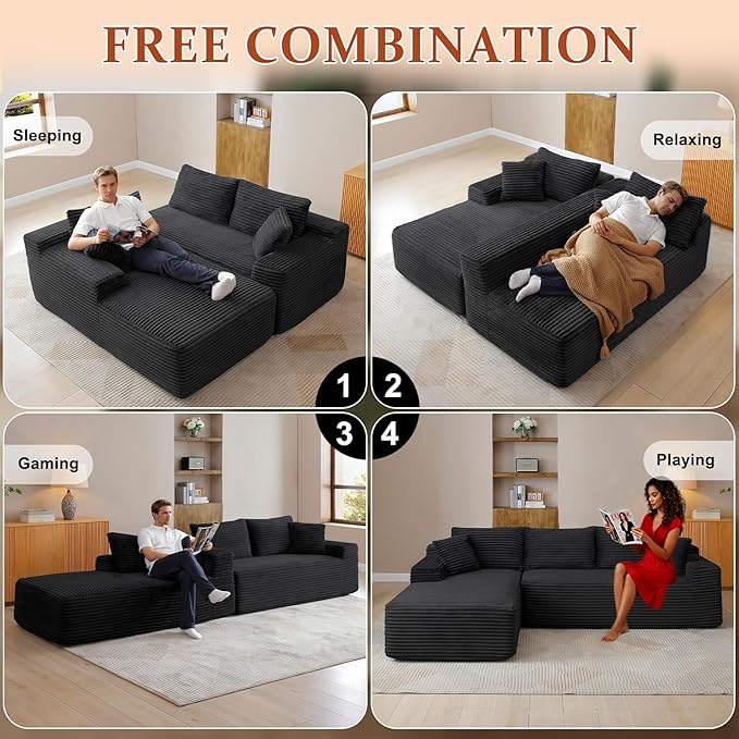 HYJT-H&K Modular Sectional Sofa Cloud Sectional Couch, 95" Comfy Fluffy L Shaped Black Couches for Living Room, Deep Seat Memory Foam Plush Corduroy Boneless Couch Sectionals Left Facing Chaise Sofa