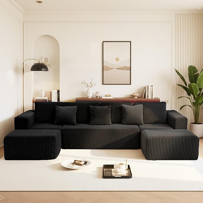 132" U Shaped Modular Sofa, 4-Seater Sectional Cloud Couch with Chaise, Soft Corduroy Boneless for Living Room, No Assembly Required, Free Configuration, Black